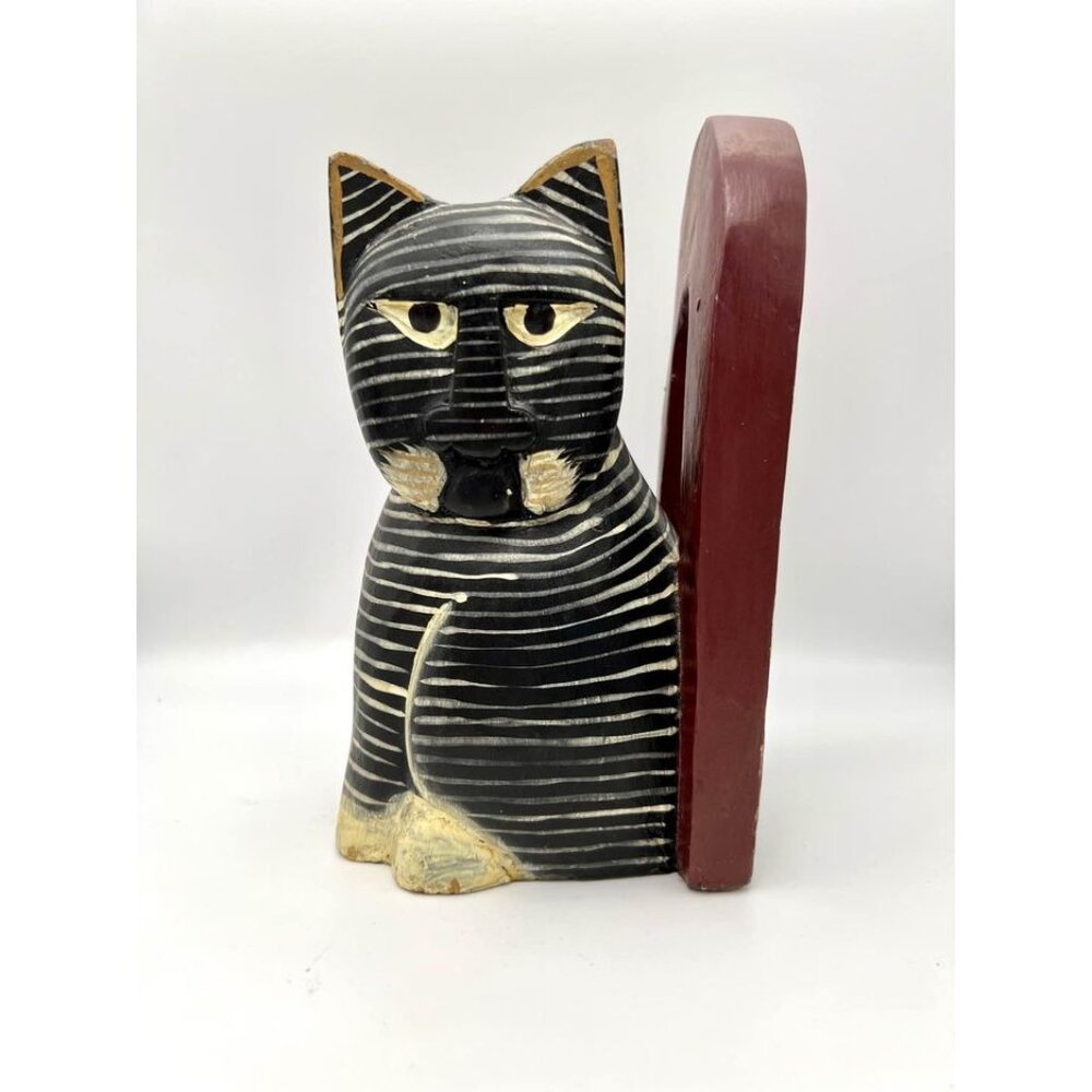 Wood Striped Cat Bookend Carved Folk Primitive Grumpy